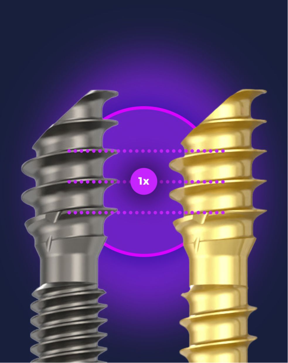 Close up of Revcon™ screw system heads with detail uniform pitch view.